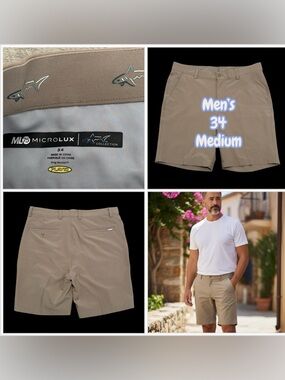 Mens Greg Norman 34 Medium Golf Shorts Taupe Chino Khakis Flex Waistband Stretch